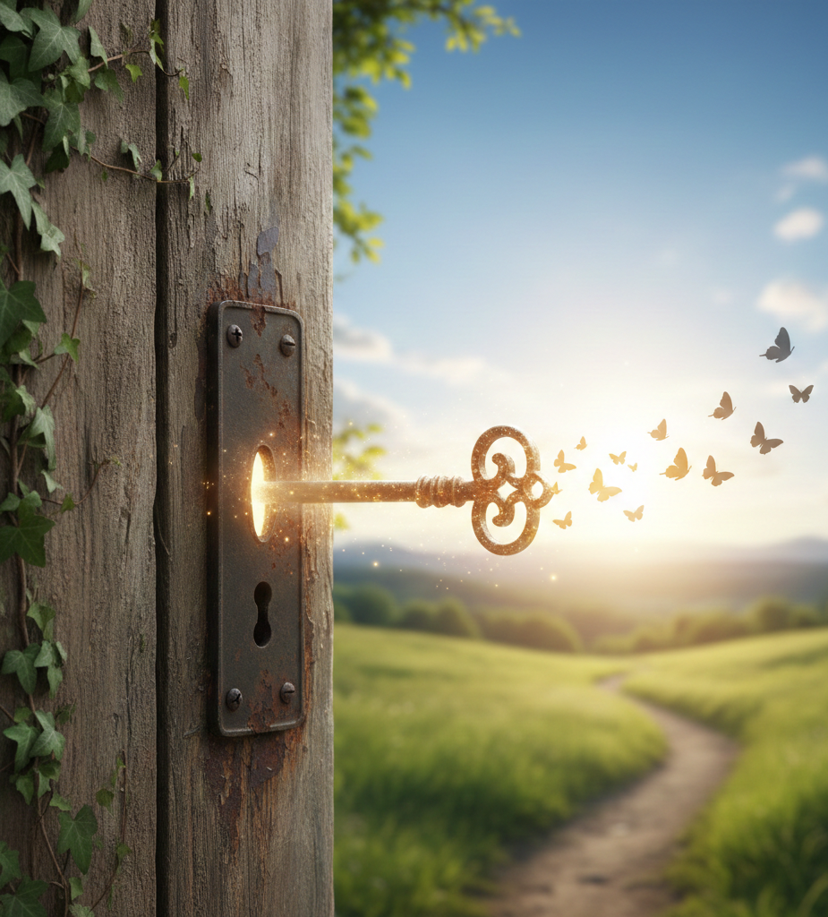 clé d'où sortent des papillons symbolisant la liberté