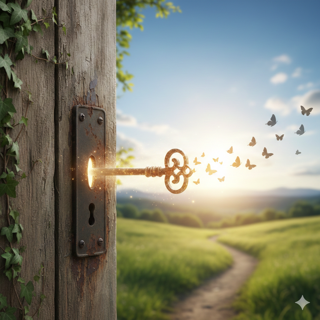 clé d'où sortent des papillons symbolisant la liberté