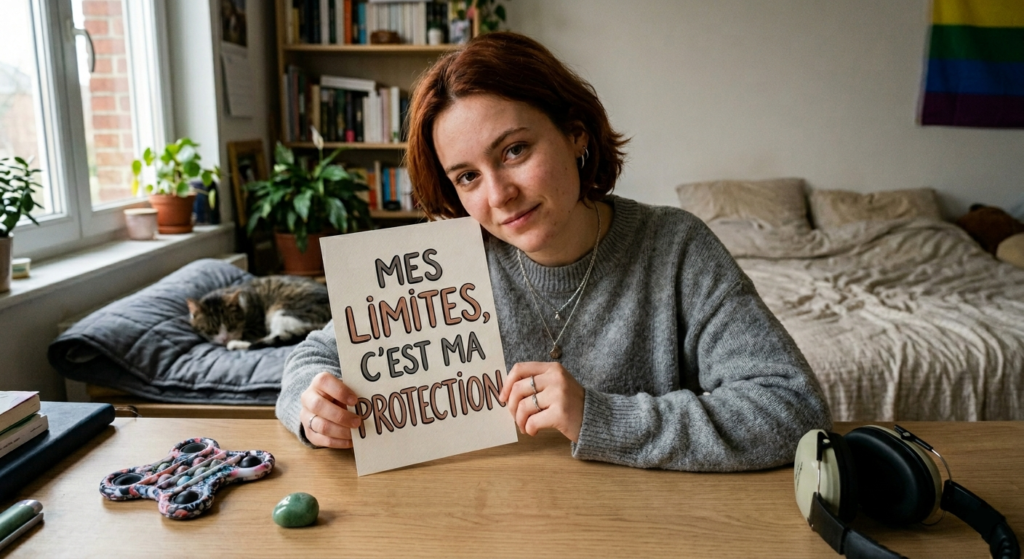femme neuroatypique qui tient une pancarte "mes limites c'est ma protection"