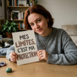 femme neuroatypique qui tient une pancarte "mes limites c'est ma protection"