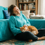 une personne assise par terre dans son salon contre son canapé, la tête penchée, ne fait rien, son chat sur les genoux