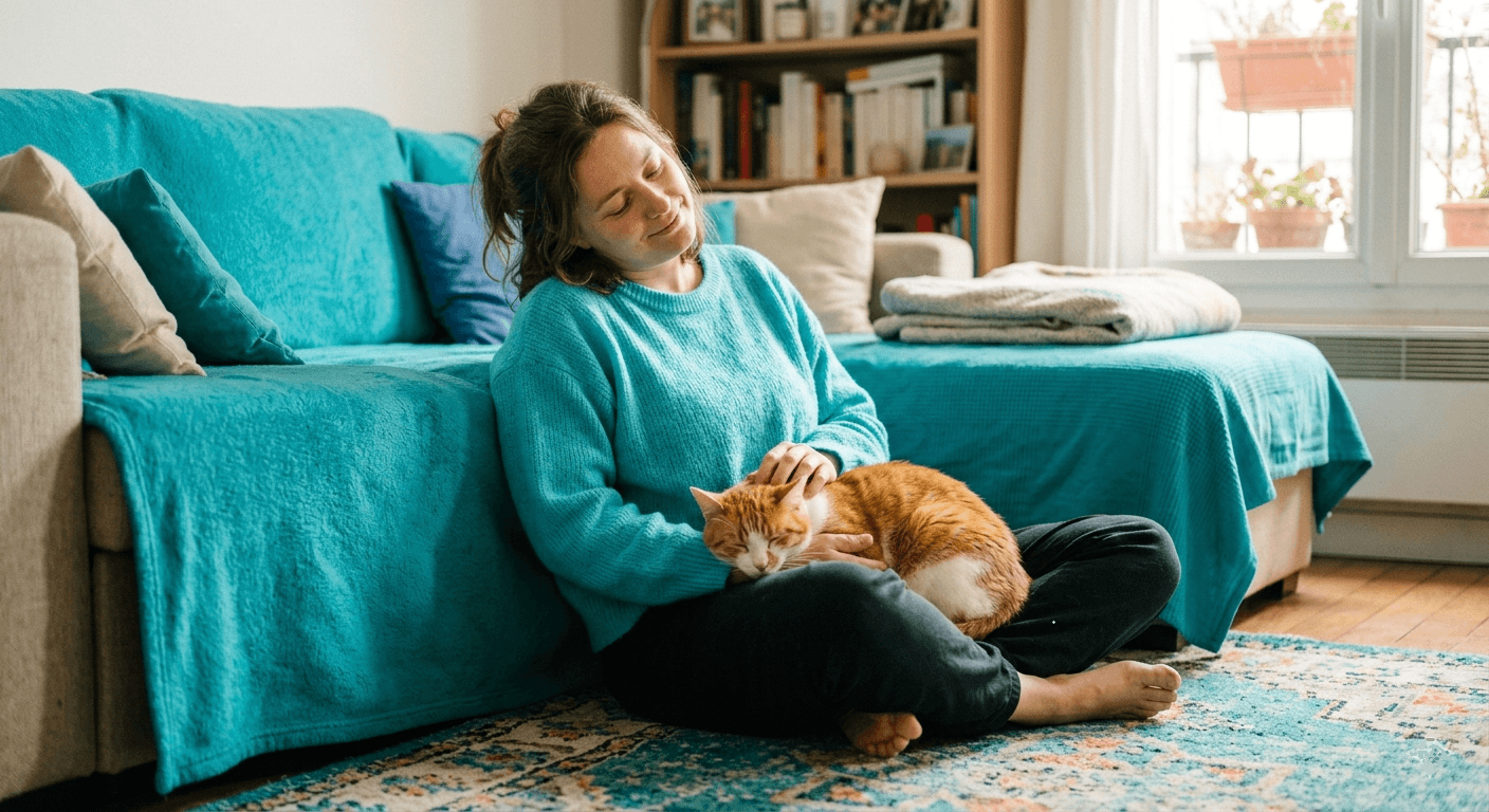 une personne assise par terre dans son salon contre son canapé, la tête penchée, ne fait rien, son chat sur les genoux